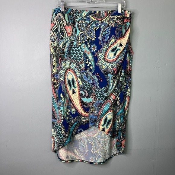 Sunny Leight Petites Blue Paisley Tulip Hem Faux Wrap Midi Pull On Skirt Size PL - Picture 10 of 13
